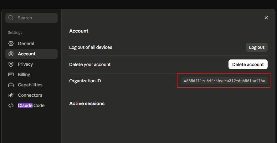 Пример Claude Organization ID в Settings - Account